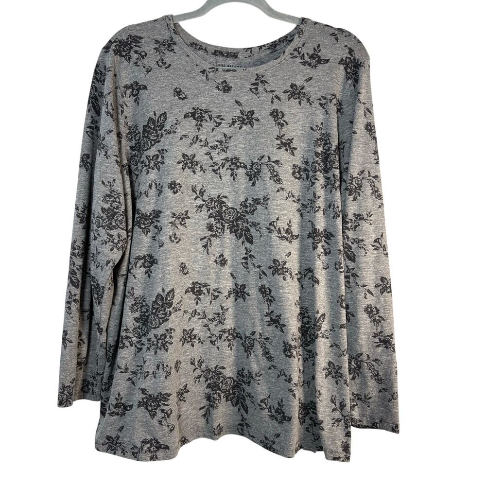 Lane Bryant Heather Gray Dark Floral Print Crewneck Long Sleeve Top Size 22 24
